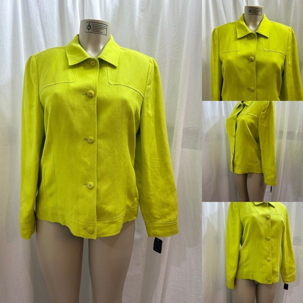 Dana Buchman Blazer Petite Green Linen Jacket Button Front Casual Size 12P #1272